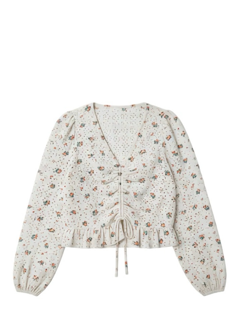 New Look Cream Floral VβNeck Drawstring Ruched Eyelet Top